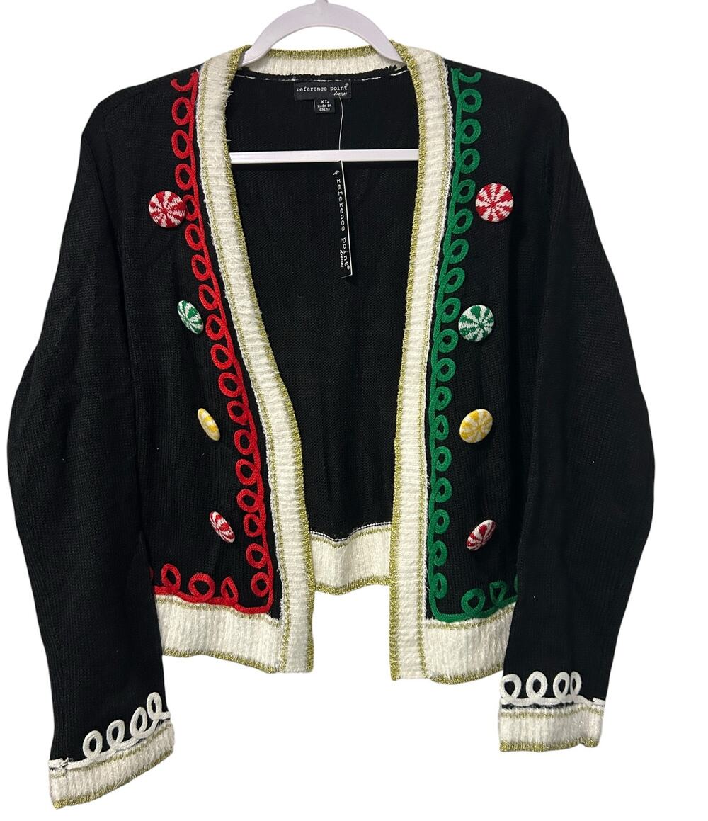 Reference Point Christmas Cardigan Sweater Black Peppermint Holiday XL NWT Party